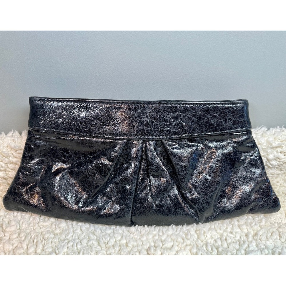 Lauren Merkin Black Leather Clutch Pleated Evening Designer Bag